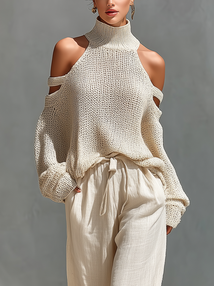 MARIA |  Knit Fabric Cold-Shoulder Turtleneck Top &amp; Wide-Leg Pants Set