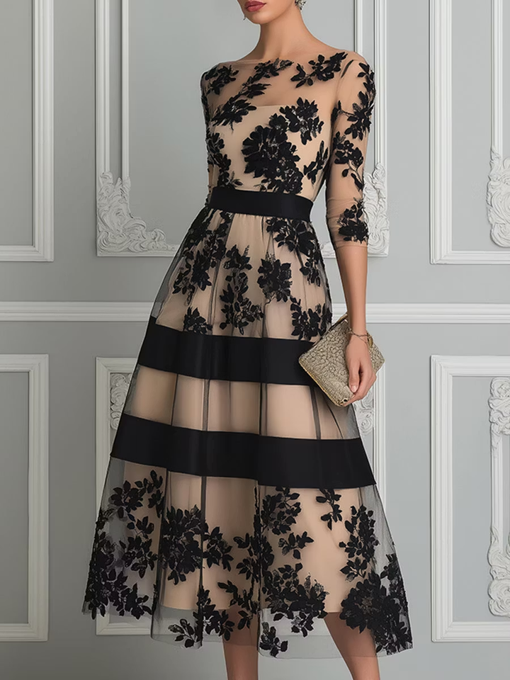 AUBREY | Floral Lace Midi Dress with Sheer Overlay