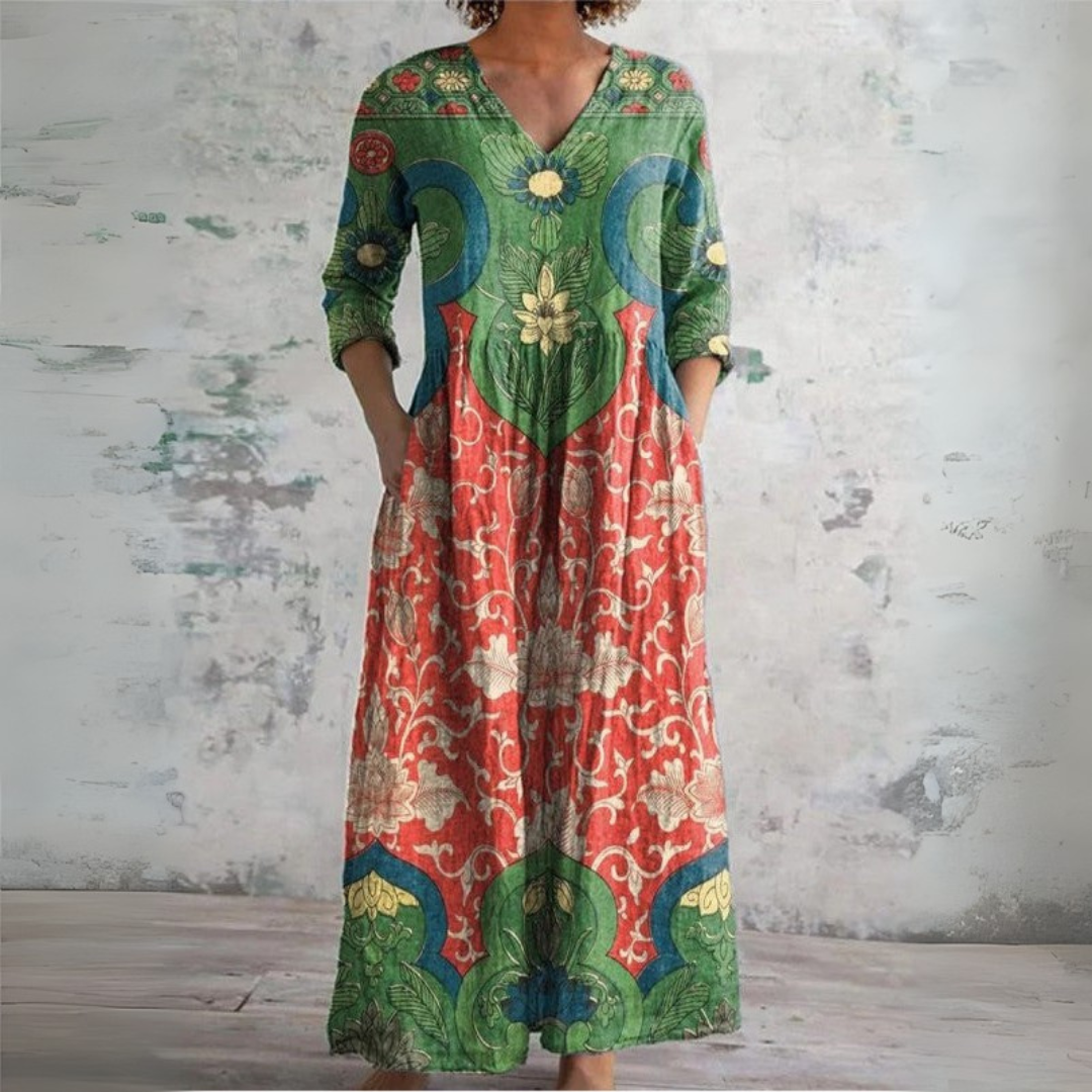 Shayla | Vintage Print V-Neck Maxi Dress