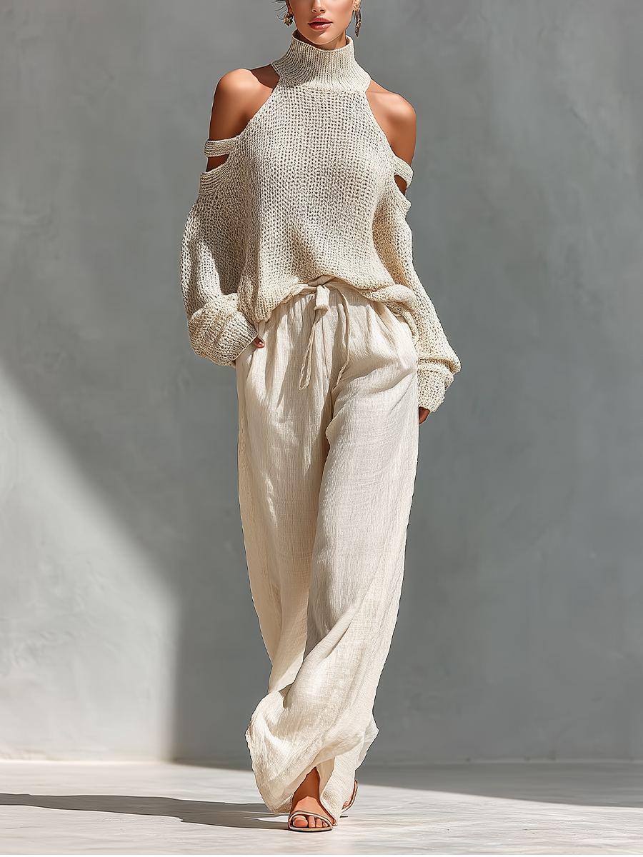 MARIA |  Knit Fabric Cold-Shoulder Turtleneck Top &amp; Wide-Leg Pants Set