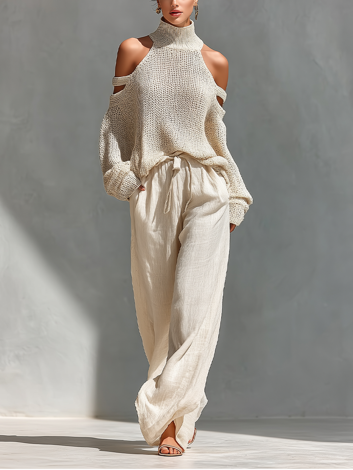 MARIA |  Knit Fabric Cold-Shoulder Turtleneck Top &amp; Wide-Leg Pants Set