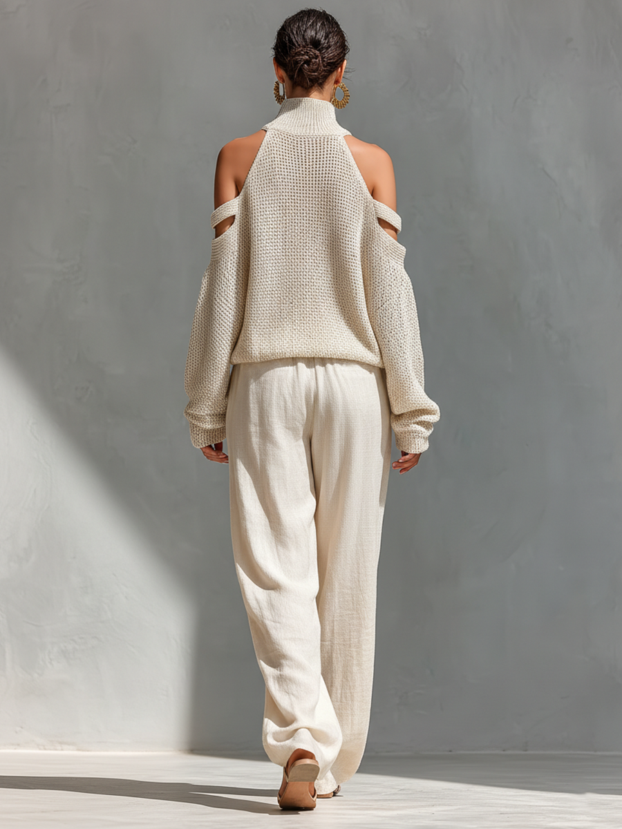 MARIA |  Knit Fabric Cold-Shoulder Turtleneck Top &amp; Wide-Leg Pants Set