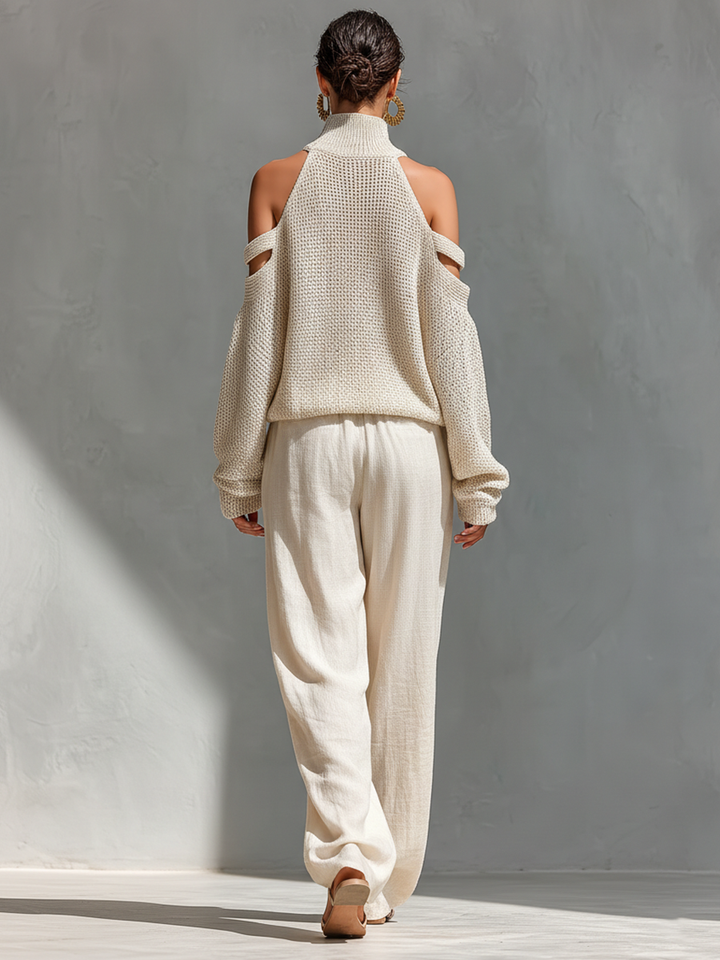 MARIA |  Knit Fabric Cold-Shoulder Turtleneck Top &amp; Wide-Leg Pants Set