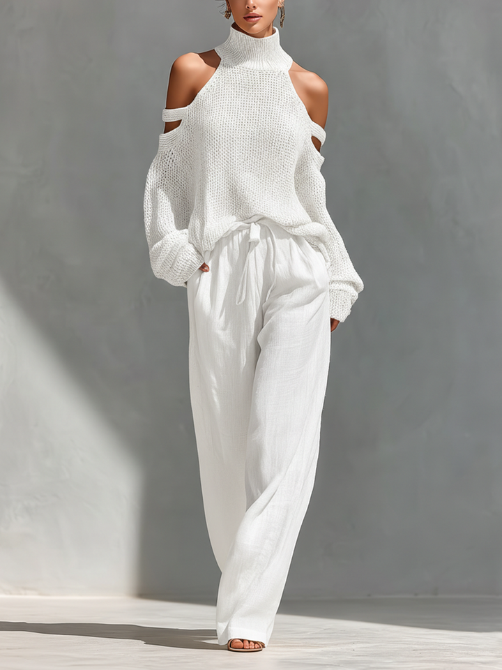 MARIA |  Knit Fabric Cold-Shoulder Turtleneck Top &amp; Wide-Leg Pants Set