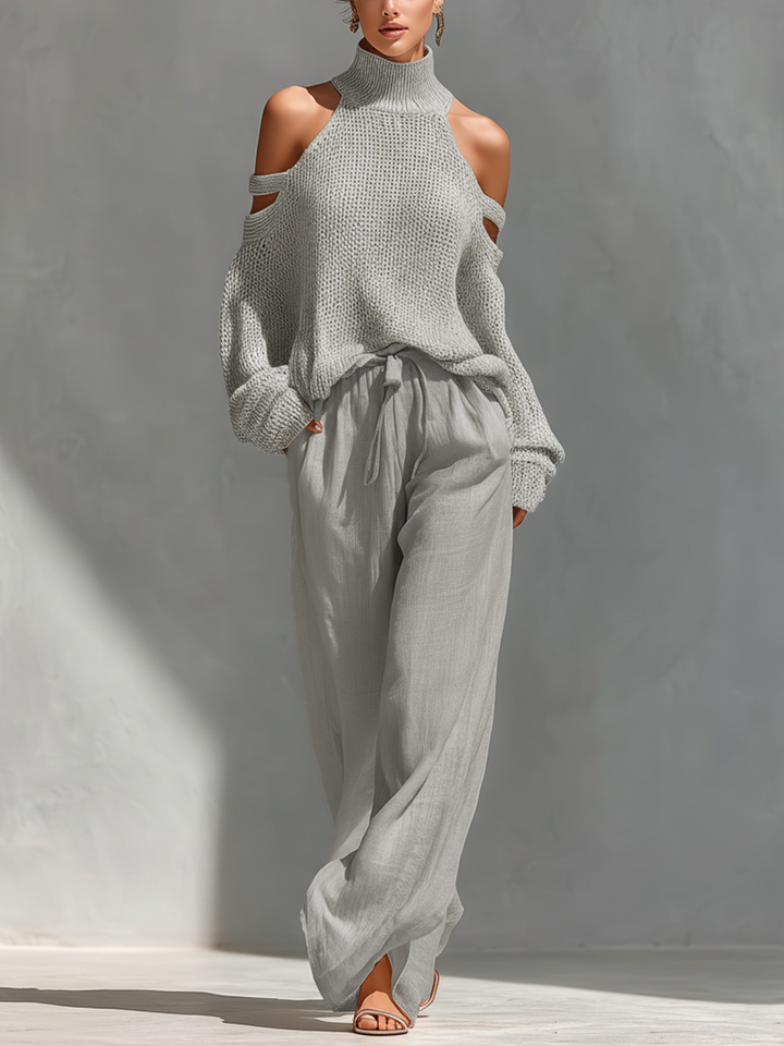MARIA |  Knit Fabric Cold-Shoulder Turtleneck Top &amp; Wide-Leg Pants Set