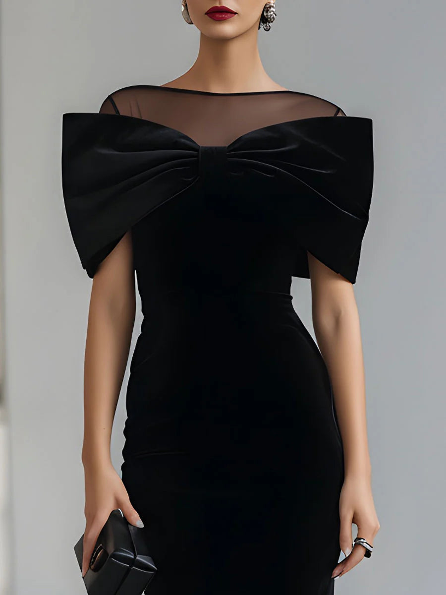Regina ❘ Black Velvet Midi Dress with Dramatic Bow