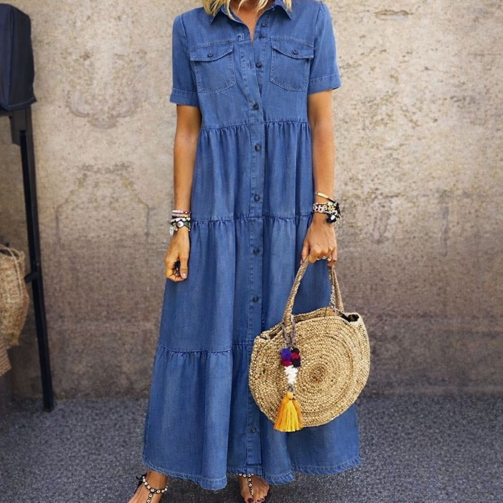 Elizabeth | Denim-Look Tiered Shirt Maxi Dress