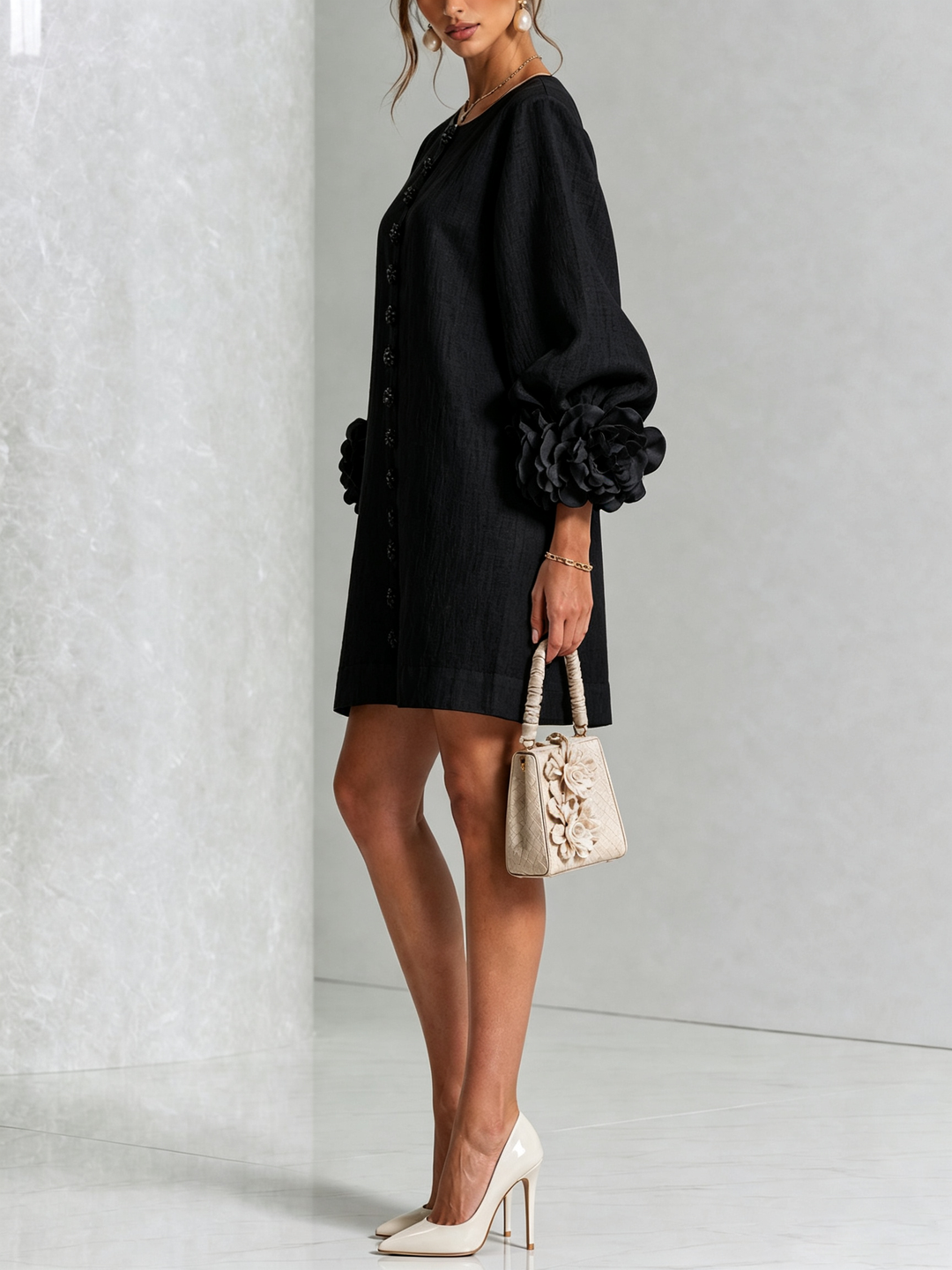 Rosalie | Rose-Cuff Button-Front Shift Dress