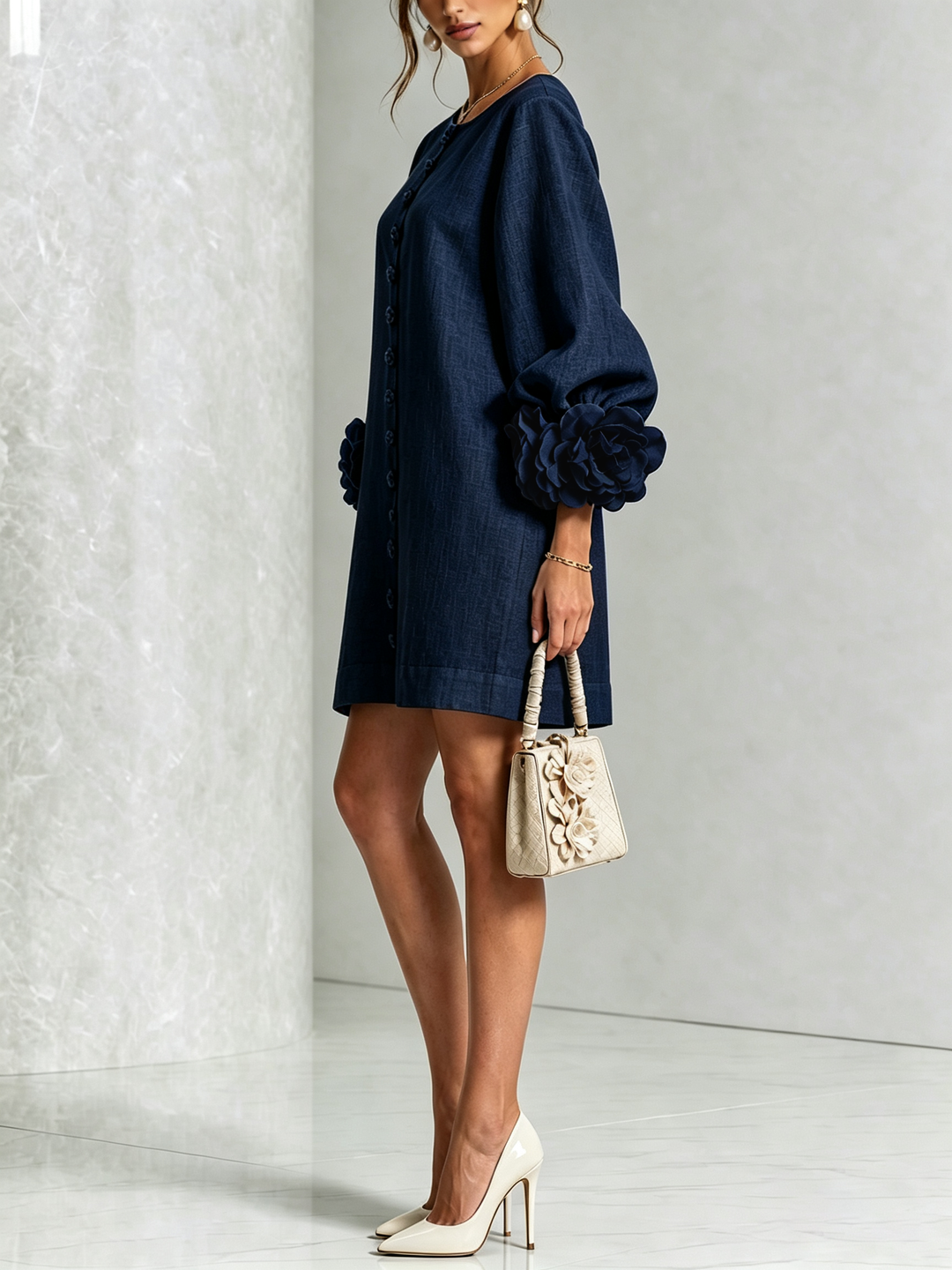 Rosalie | Rose-Cuff Button-Front Shift Dress