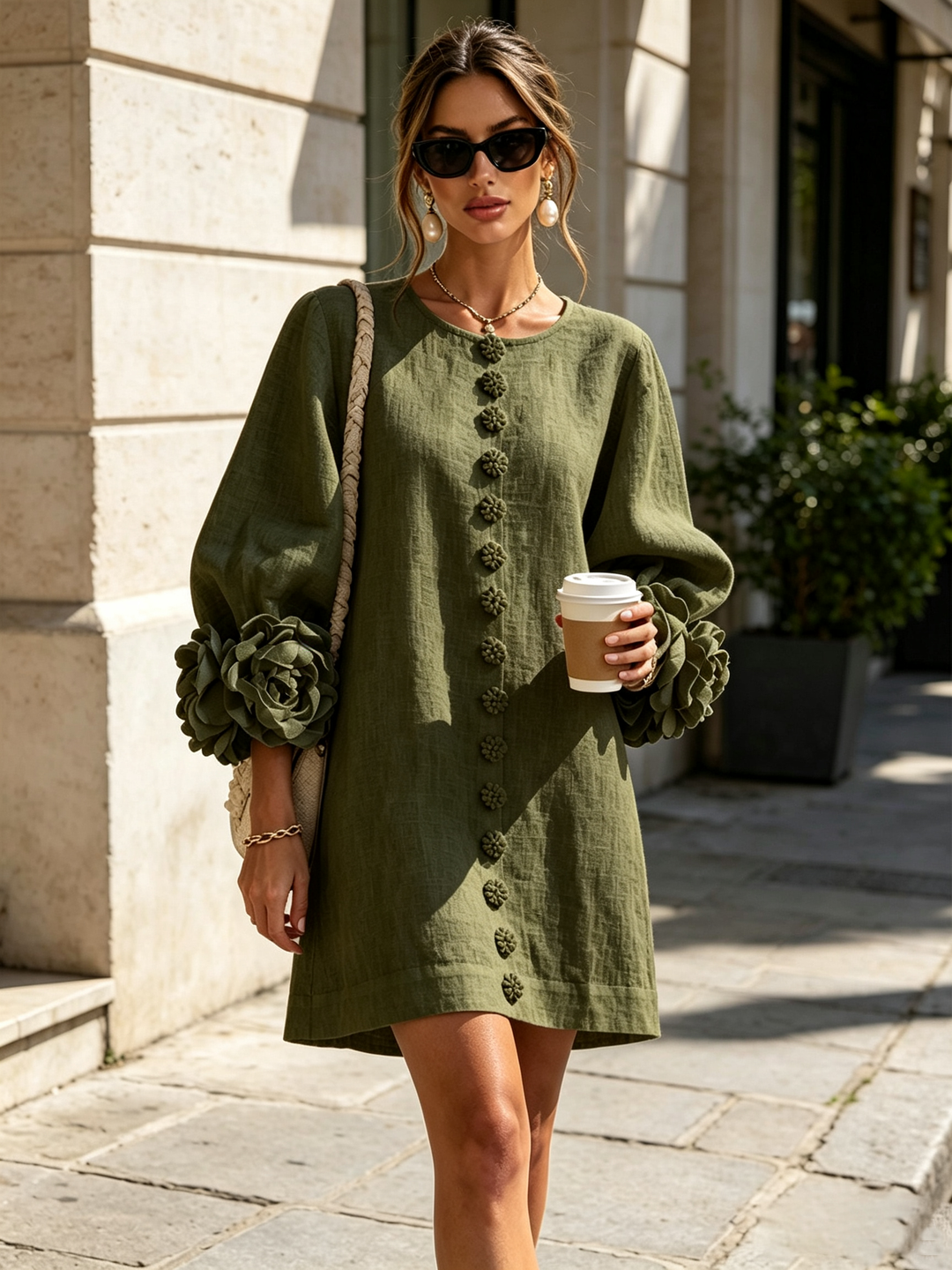 Rosalie | Rose-Cuff Button-Front Shift Dress