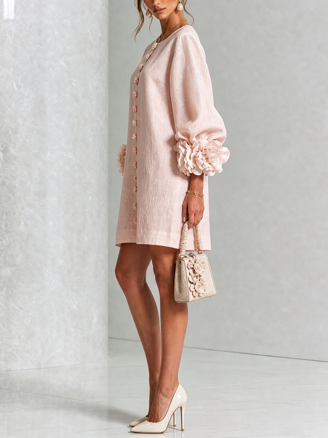 Rosalie | Rose-Cuff Button-Front Shift Dress