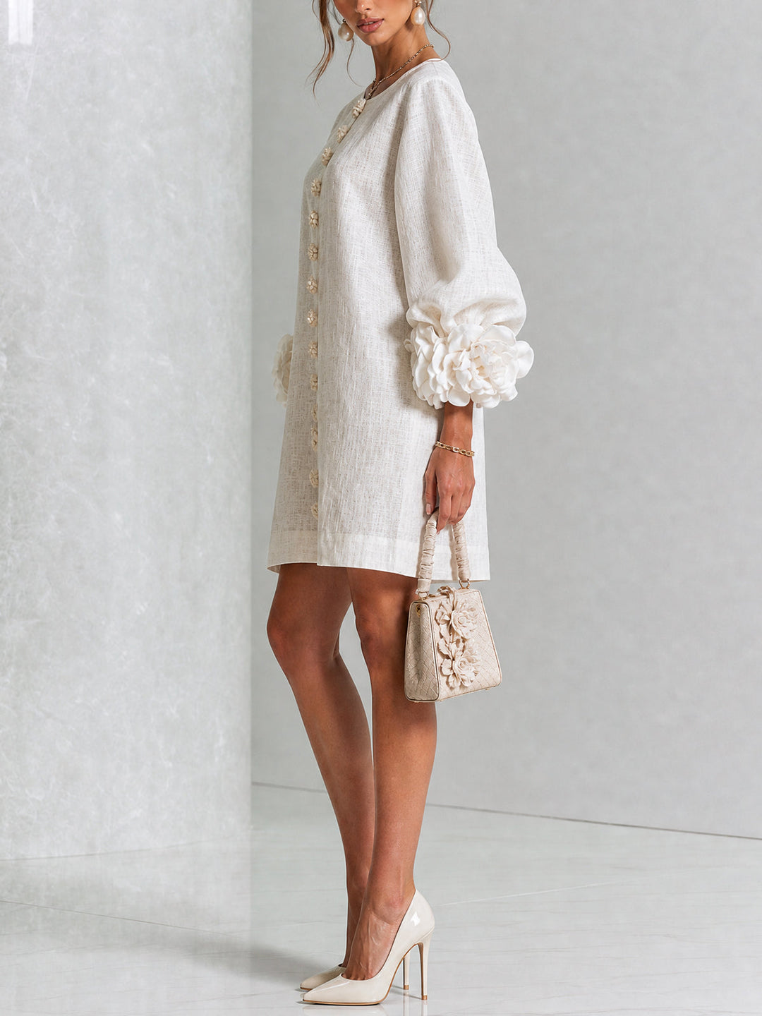 Rosalie | Rose-Cuff Button-Front Shift Dress