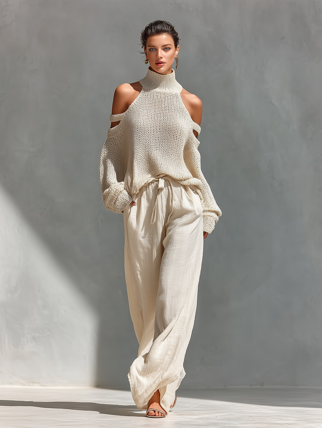 MARIA |  Knit Fabric Cold-Shoulder Turtleneck Top &amp; Wide-Leg Pants Set