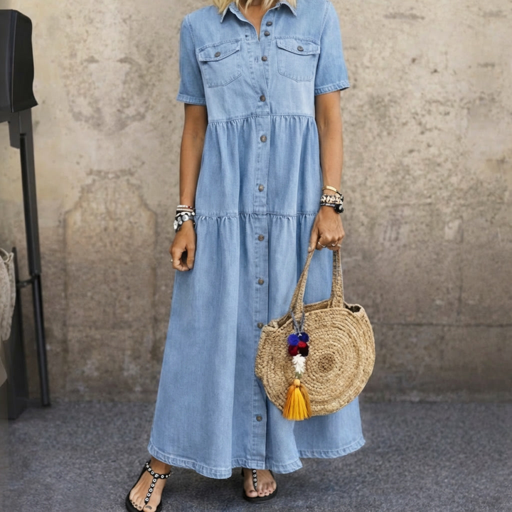 Elizabeth | Denim-Look Tiered Shirt Maxi Dress